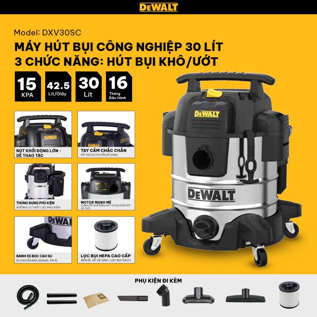 Máy Hút Bụi Công Nghiệp DEWALT Hút Khô - Hút Nước -Thổi,  Dung Tích 30L DXV30SC