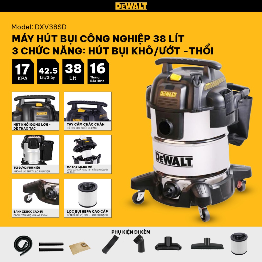 Máy hút bụi công nghiệp 3 chức năng ướt / khô / thổi 38L Dewalt DXV38SD - 17Kpa - Hàng chính hãng