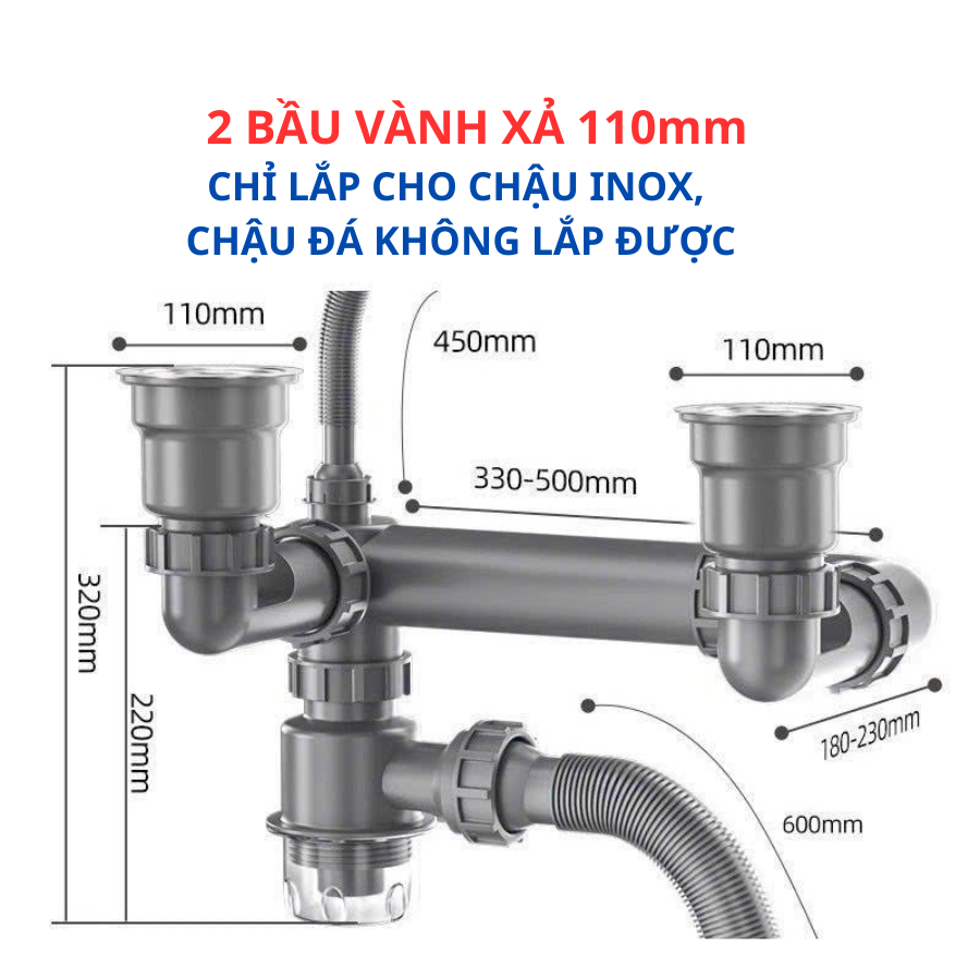 Bộ xi phông chậu rửa bát HỆ THỐNG THOÁT NƯỚC NHÀ BẾP ĐÔI XI PHÔNG, ỐNG THOÁT NƯỚC BỒN RỬA CHÉN 110mm