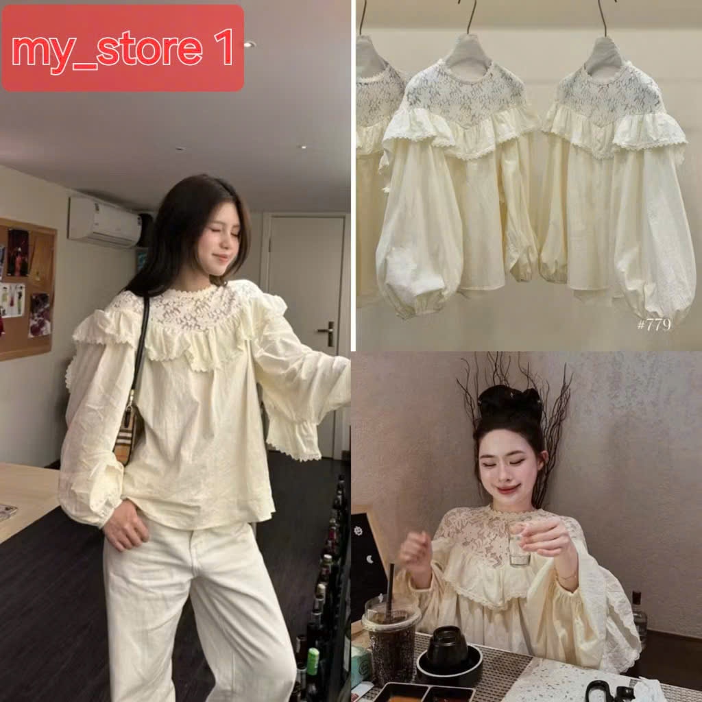 Áo sơ mi dài tay form rộng cổ phối ren bèo chất liệu dầy dặn xịn xò cho nàng