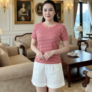 Áo  thun CỘC TAY gân tăm nữ Kẻ Sọc – chất vải gân tăm cao cấp form ôm tôn dáng,thanh lịch dễ phối đồ