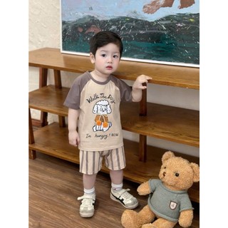 Bộ cộc tay bé trai Cotton mềm mát Tone Nâu Kem Kẻ Sọc họa tiết Chó PUPPY SIÊU CƯNG - Size 7-25kg