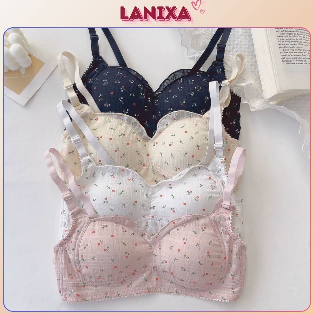 Áo ngực nữ cotton đệm mỏng viền bèo nhún họa tiết hoa nhí đáng yêu 3 nấc cài tiện lợi LANIXA A739