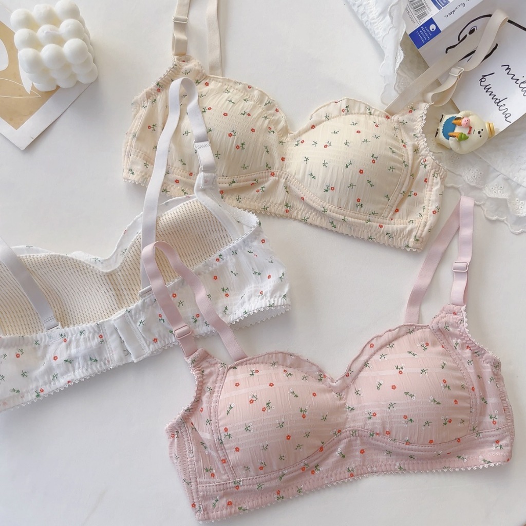 Áo ngực nữ cotton đệm mỏng viền bèo nhún họa tiết hoa nhí đáng yêu 3 nấc cài tiện lợi LANIXA A739