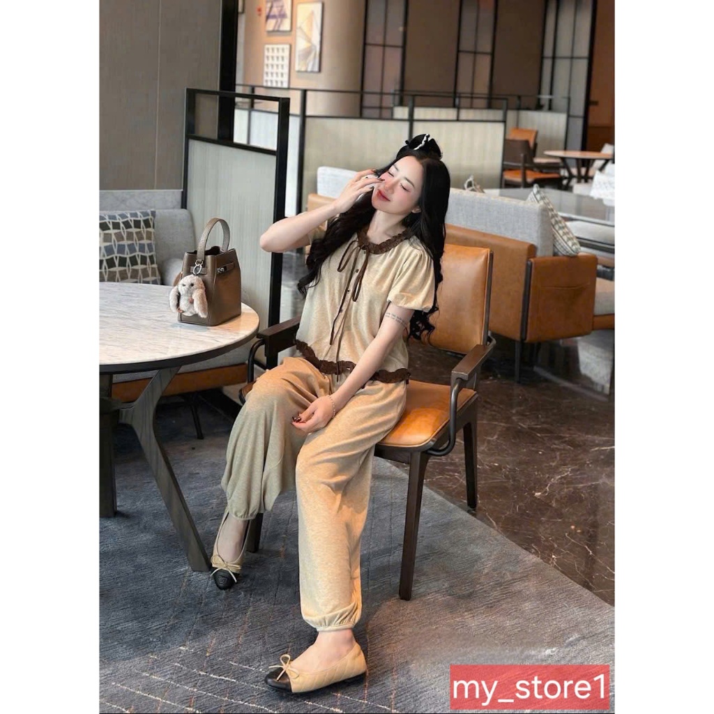 SÉT bộ mặc nhà siêu cute, phối quần bo gấu áo dây nơ siêu xinh cho nàng
