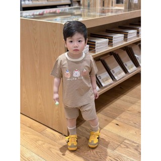 Set 2 bộ cộc tay bé trai Cotton mềm mát Tone Nâu Kem họa tiết Gấu SIÊU CƯNG, Size 7-25kg
