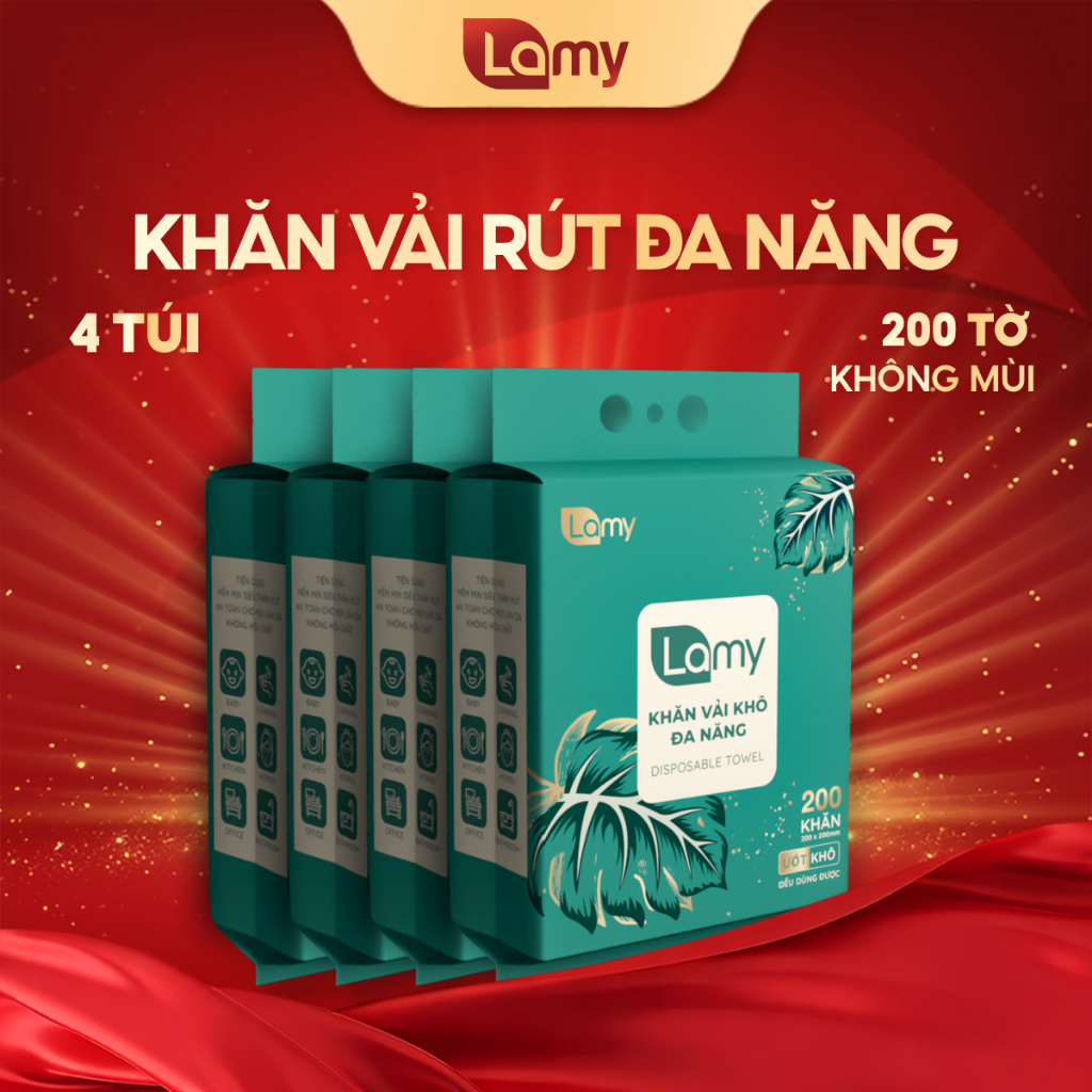 Khăn khô đa năng cho bé Thùng 04 túi khăn vải rút Lamy túi 200 tờ không mùi mềm mịn tặng kèm móc