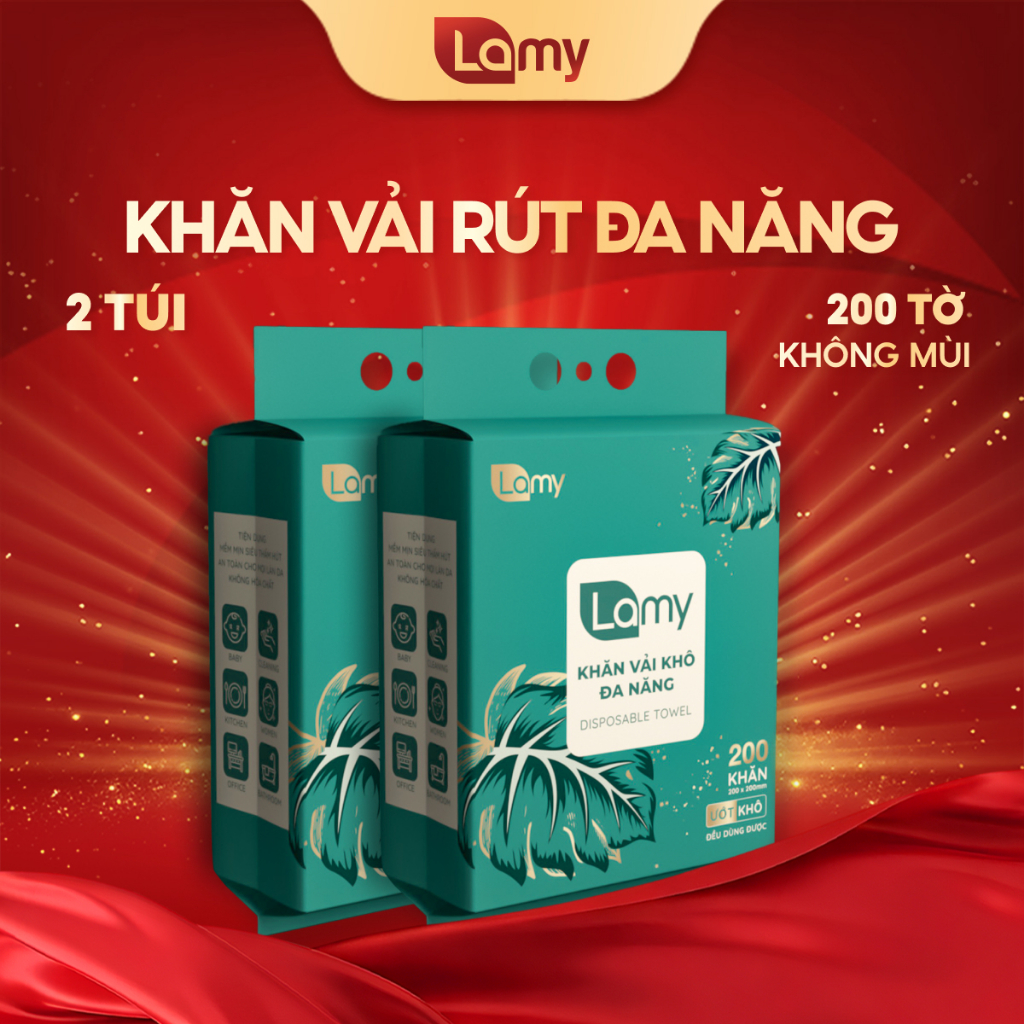 Khăn khô đa năng cho bé Thùng 02 túi khăn vải rút Lamy túi 200 tờ không mùi mềm mịn có tặng móc