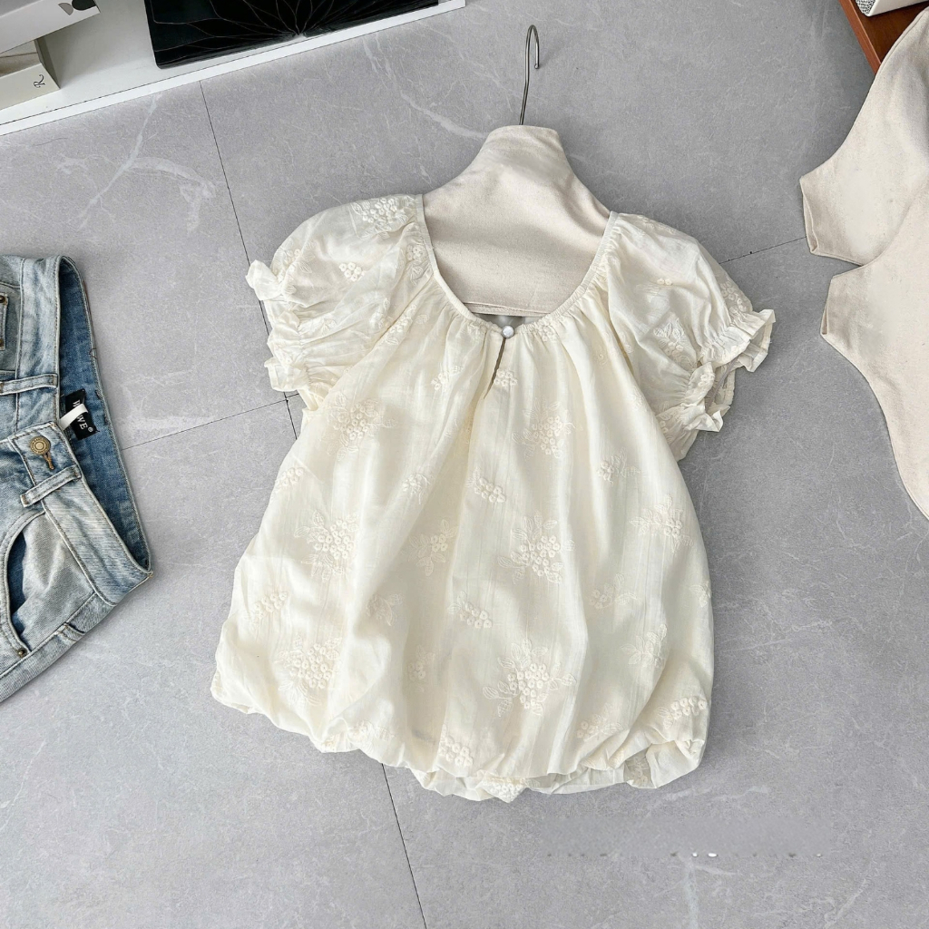 EMLY - Áo Thô Đũi Nữ Thêu Hoa Vintage- Áo Nữ Mùa Hè Chất Đũi Mềm Cực Mát Hàn Quốc