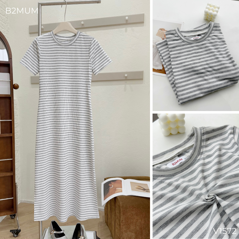 Đầm Bầu Suông Kẻ Ngang, Chất Cotton Co Giãn - Đi Làm/ Dạo Phố Cho Mẹ Bầu/ Sau Sinh - Liren Dress V1572 By B2MUM