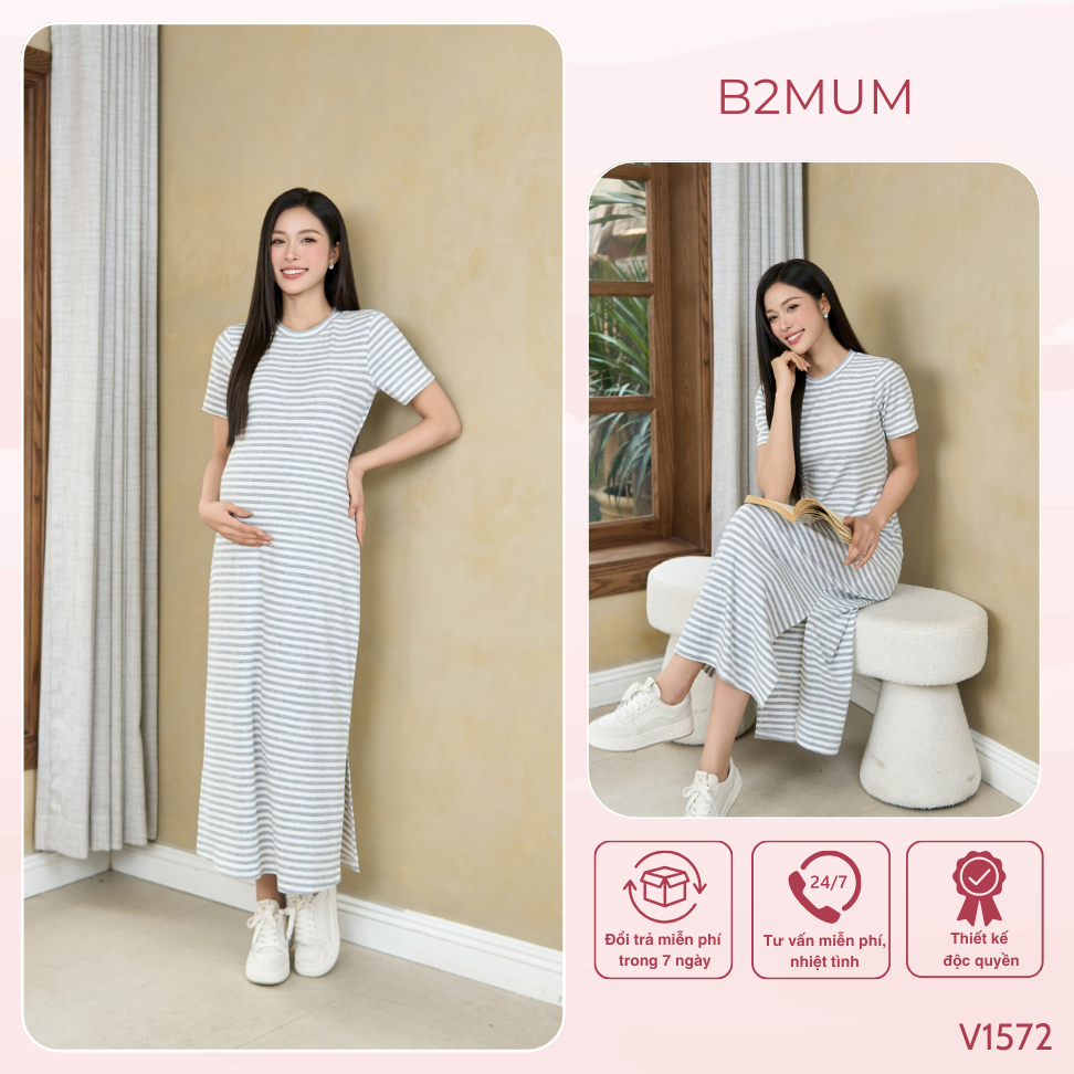 Đầm Bầu Suông Kẻ Ngang, Chất Cotton Co Giãn - Đi Làm/ Dạo Phố Cho Mẹ Bầu/ Sau Sinh - Liren Dress V1572 By B2MUM