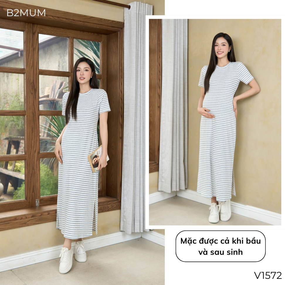 Đầm Bầu Suông Kẻ Ngang, Chất Cotton Co Giãn - Đi Làm/ Dạo Phố Cho Mẹ Bầu/ Sau Sinh - Liren Dress V1572 By B2MUM