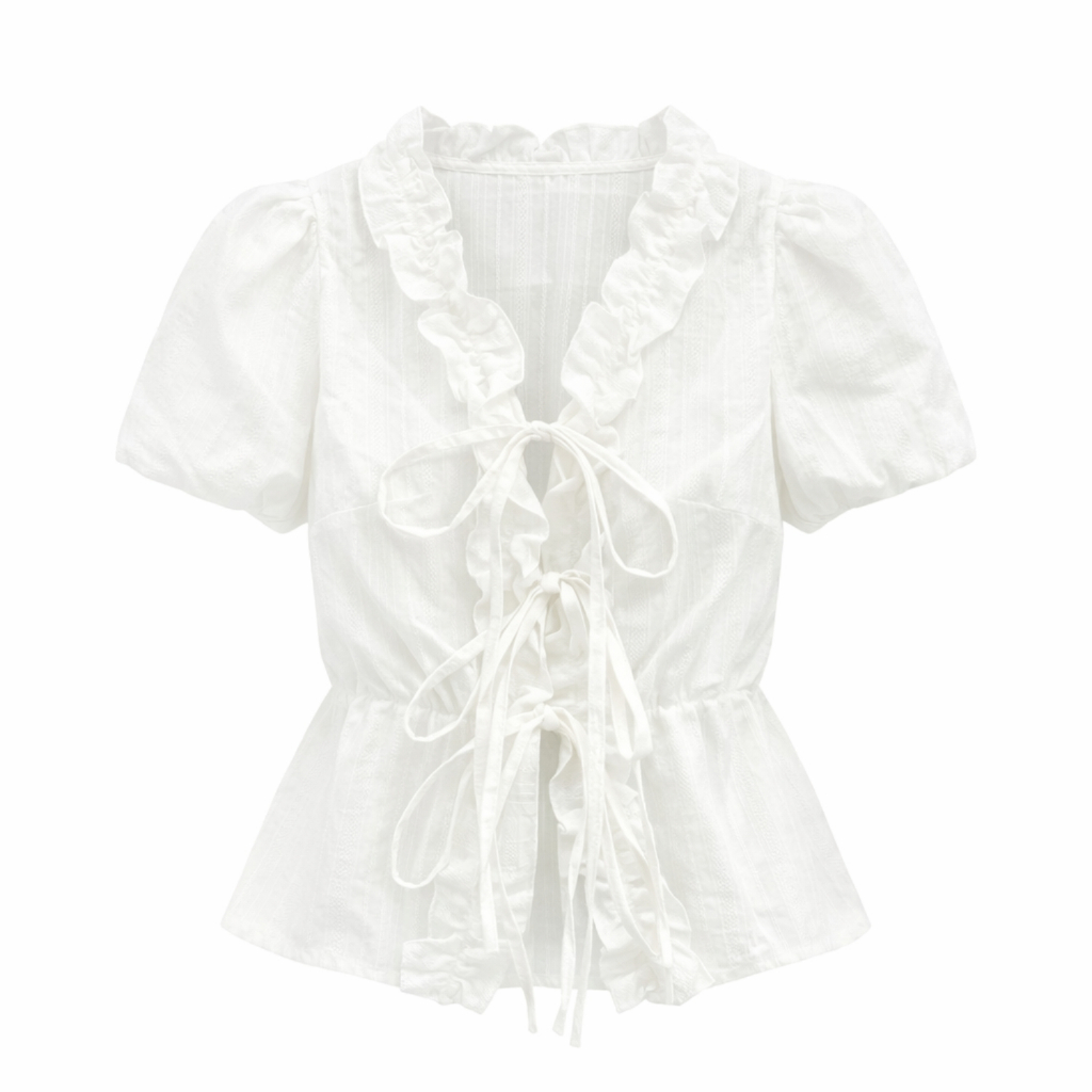 EMLY - Áo Đũi Bèo Thắt Dây Nơ Nữ, Áo Nữ Vintage Hàn Quốc Mùa Hè Dễ Thương