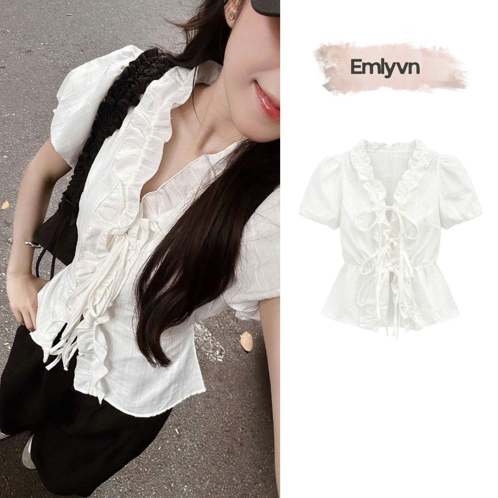 EMLY - Áo Đũi Bèo Thắt Dây Nơ Nữ, Áo Nữ Vintage Hàn Quốc Mùa Hè Dễ Thương
