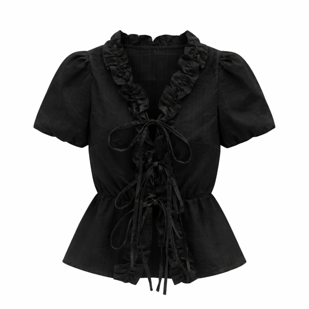 EMLY - Áo Đũi Bèo Thắt Dây Nơ Nữ, Áo Nữ Vintage Hàn Quốc Mùa Hè Dễ Thương
