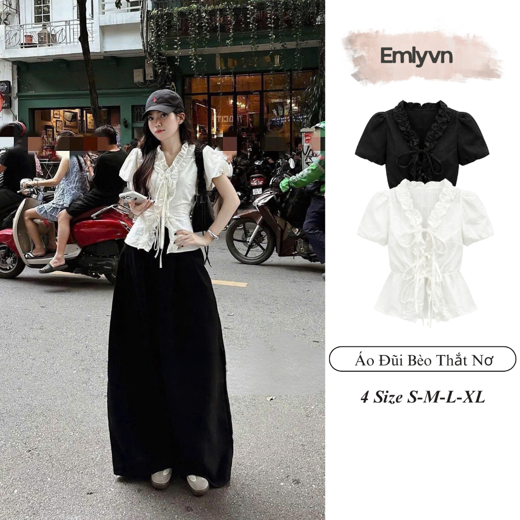 EMLY - Áo Đũi Bèo Thắt Dây Nơ Nữ, Áo Nữ Vintage Hàn Quốc Mùa Hè Dễ Thương