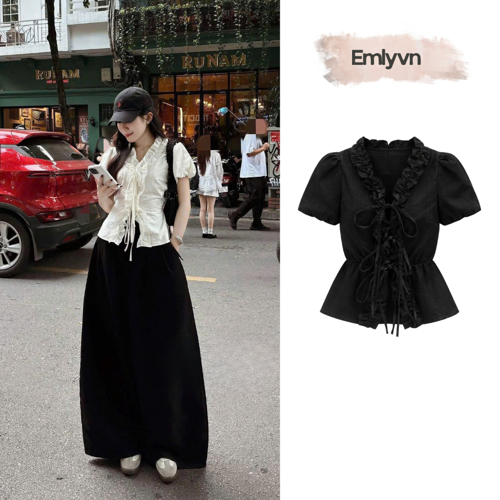 EMLY - Áo Đũi Bèo Thắt Dây Nơ Nữ, Áo Nữ Vintage Hàn Quốc Mùa Hè Dễ Thương