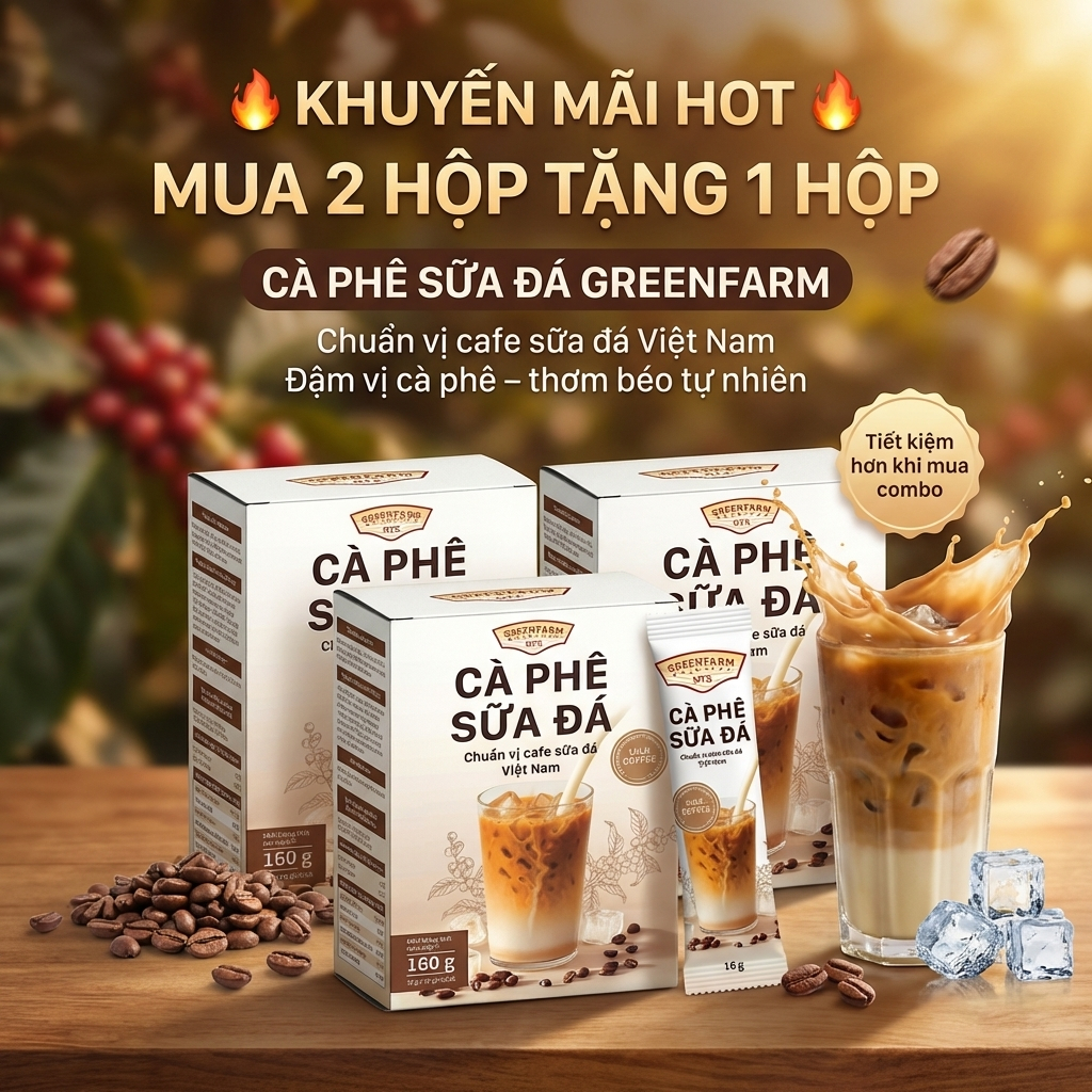 Cà Phê Sữa Đá Hòa Tan GreenFarm – Chuẩn Vị Phin Việt Nam – Thơm Béo Đậm Đà – Hộp 10 Gói x 17g