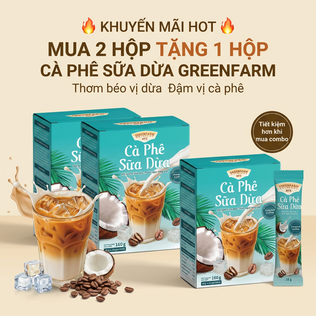 Cà Phê Sữa Dừa Hòa Tan GreenFarm – Hộp 10 Gói x 17gr/ Gói