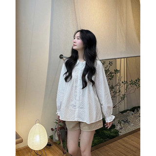 [A0.332] Áo Sơmi Chấm Thô Thêu Cổ Sen Phôi Ren Dáng Babydoll Siêu Xinh