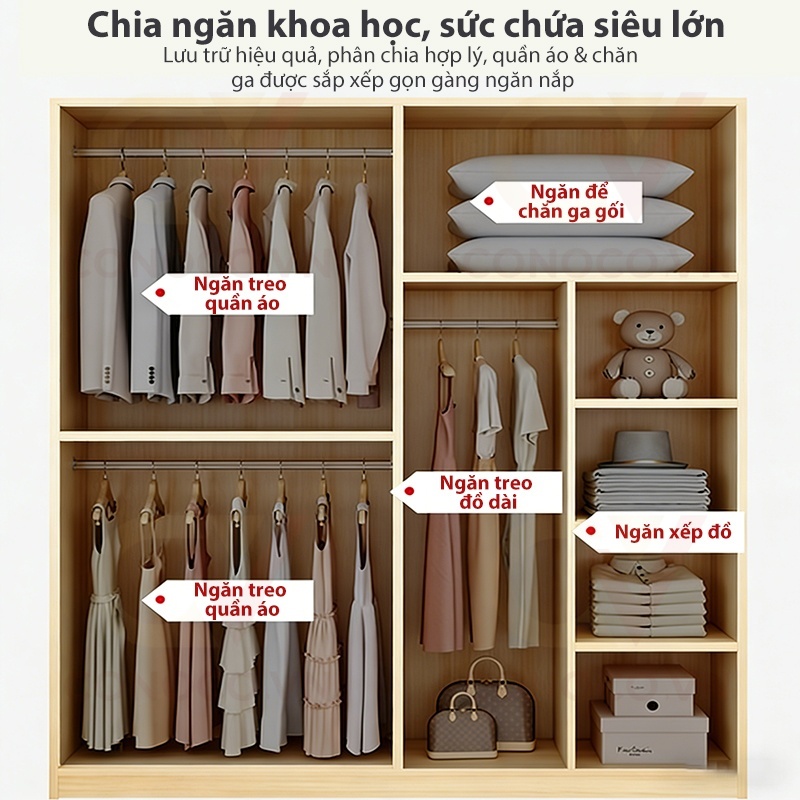 Tủ Quần Áo Gỗ Tối Giản 2 Cánh Hiện Đại CONOCO Tủ Đựng Đồ Phòng Ngủ Ván Dày Chống Ẩm Tiết Kiệm Diện Tích 80cm