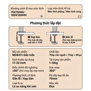 Arm Màn Hình 17-32 Inch - TẢI TRỌNG 10KG - Thiết Kế Đảo Ngược Cao Cấp - Trợ Lực Khí Nén Siêu Mượt - Xoay 360°
