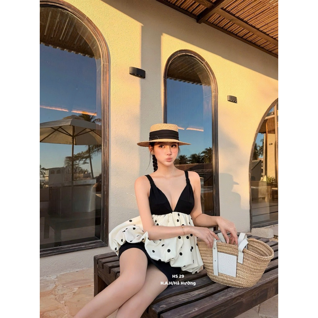Set áo chấm bi phối màu xoè bồng siu xinh S01