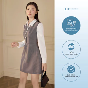 Đầm Thu Đông Cổ V Phối Sơ Mi 1F07.2601, Đầm Dáng Chữ A Ôm Eo Phong Cách Thanh Lịch, Classic, Preppy Design By JM