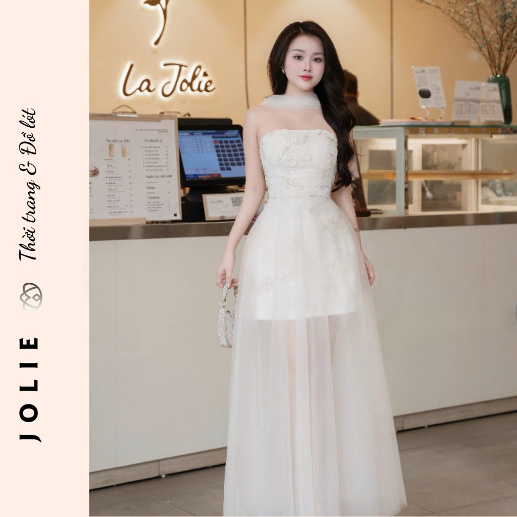 Váy sơ mi trắng tay bồng phối ren tiểu thư Jolie