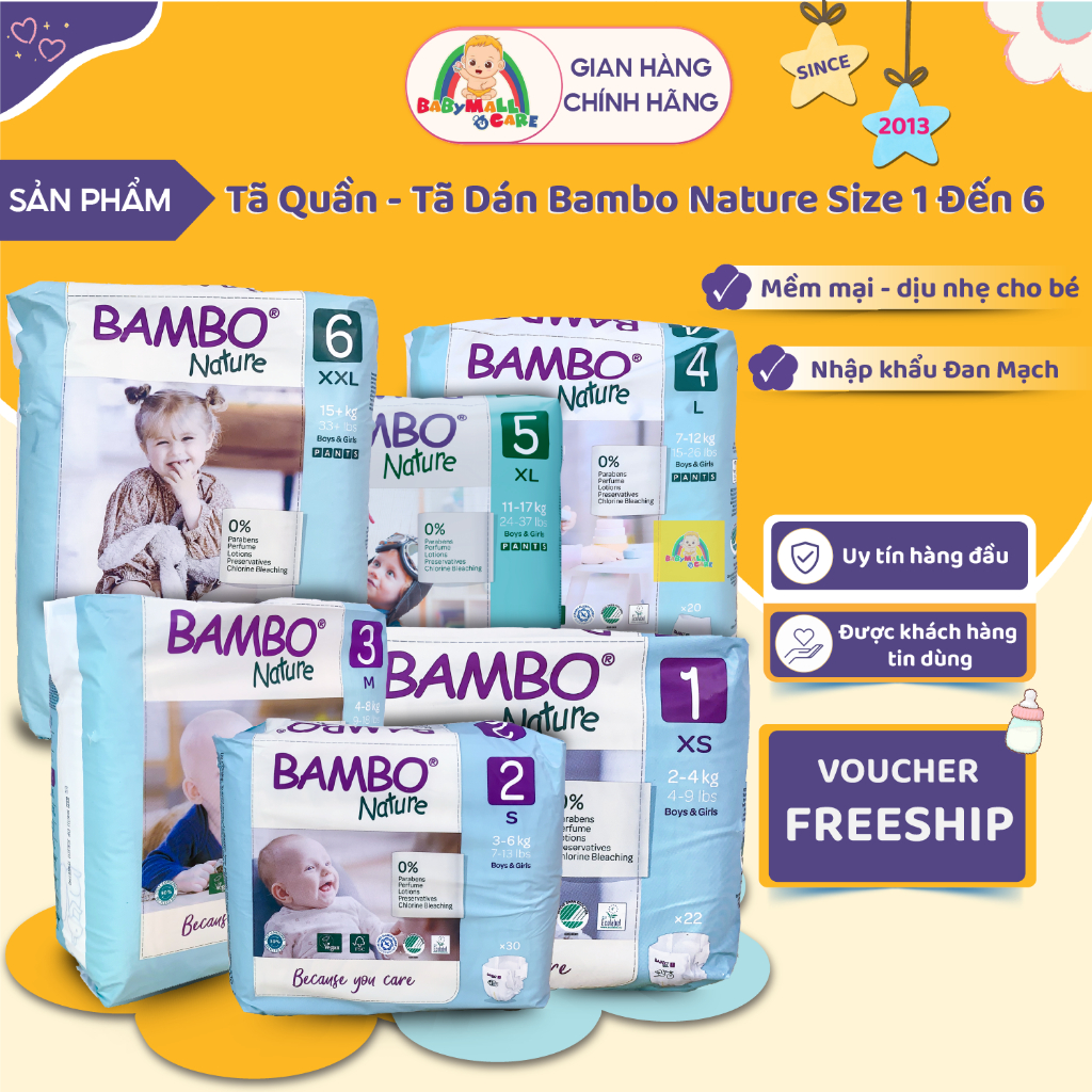 Tã Dán Tã Quần  Bambo Nature Size 1-6 Siêu Mềm Thấm Hút Cho Trẻ Sơ Sinh Và Trẻ Nhỏ | Babymall & Care