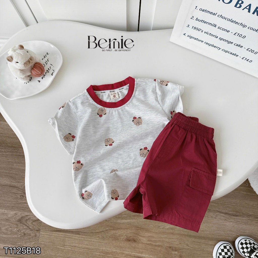 Set cộc tay Bernie in hình gấu vui nhộn, chất liệu cotton phối quần short kaki cho bé 9-28kg