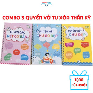 Sách- Bộ 3 Quyển Vở Viết Tự Xóa Thông Minh Luyện Viết Tập Tô Chữ Cho bé Mầm Non Tặng 8 ruột 2 vỏ bút 2 định vị cầm bút