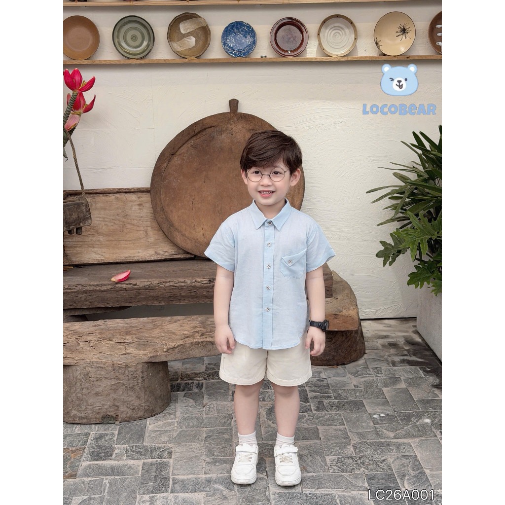 Áo sơ mi cổ đức cộc tay trơn màu bé trai, áo sơ mi phối túi lệch cá tính trơn màu