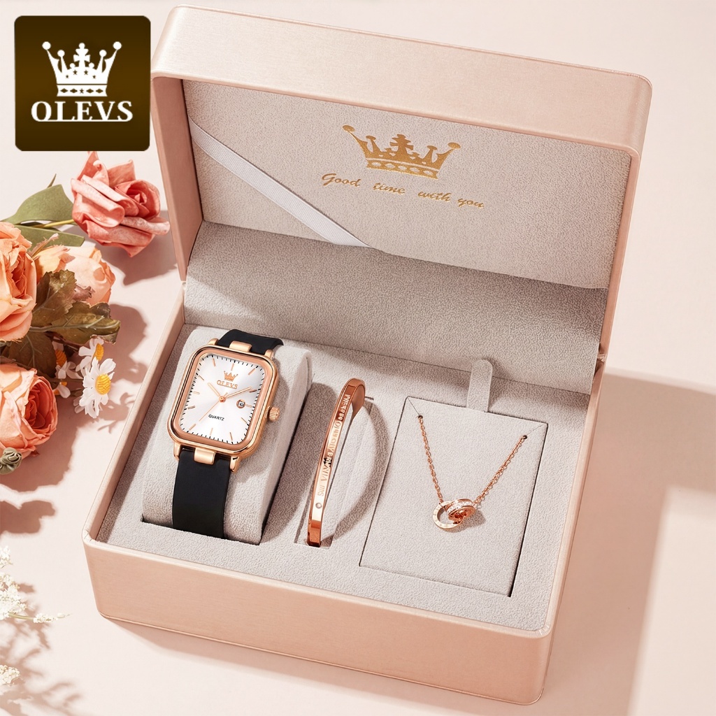 OLEVS Bộ Đồng hồ Nữ Dây đeo đồng hồ bằng cao su tự nhiên thạch anh Đơn giản Quà chống thấm nước 7089