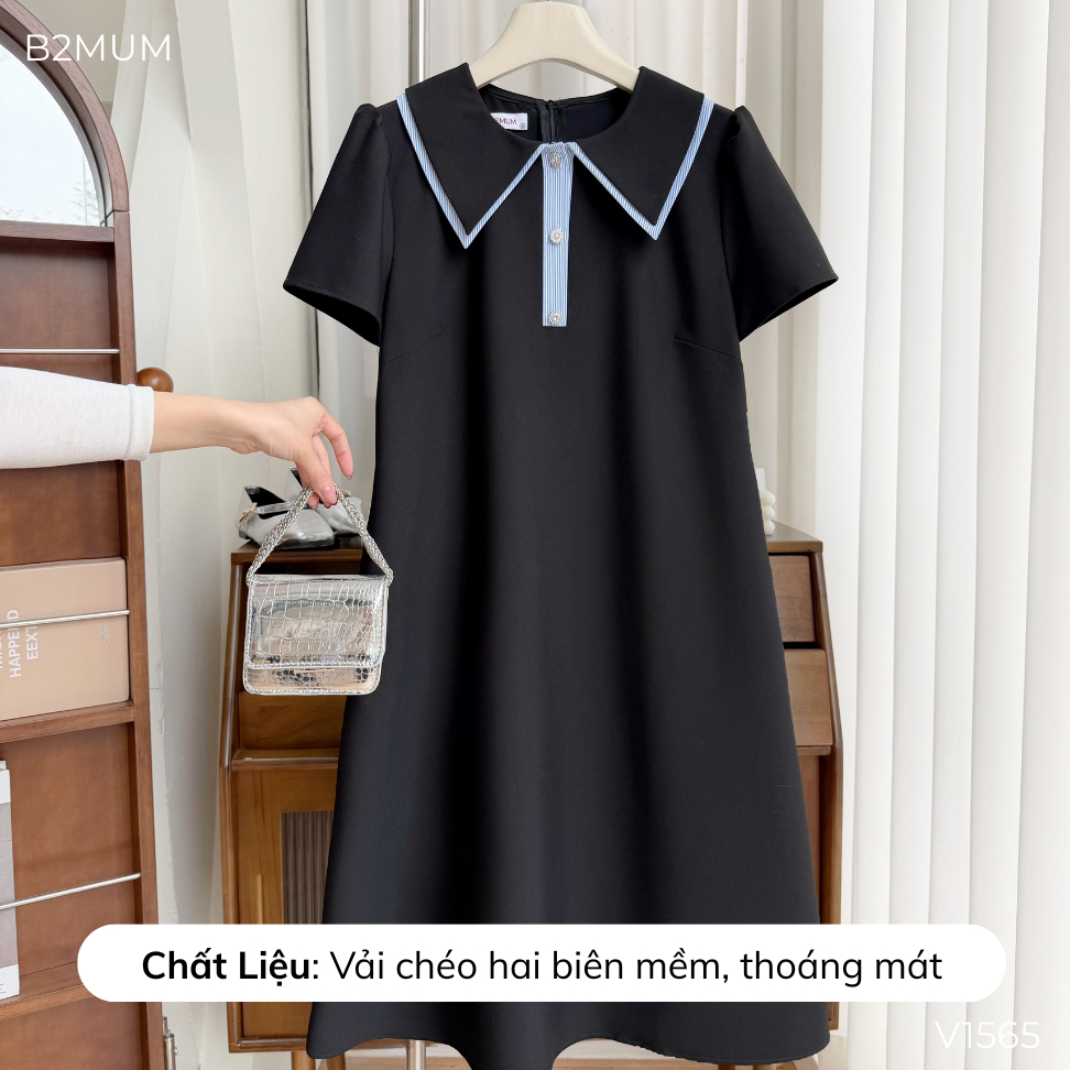 Đầm Bầu Suông Chữ A Phối Cổ Lá Sen Viền Sọc Thanh Lịch, Chất Vải Mềm Mát, Mặc Đi Làm Dạo Phố V1565 Solin Dress By B2MUM