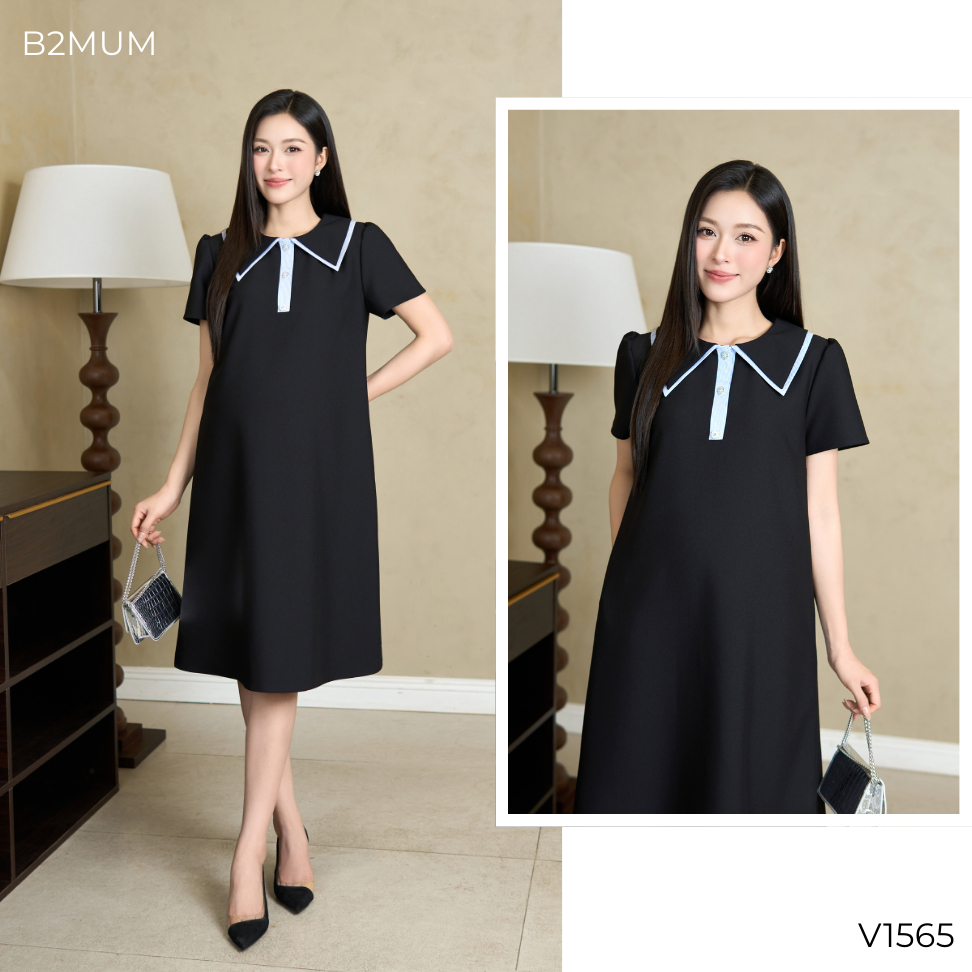 Đầm Bầu Suông Chữ A Phối Cổ Lá Sen Viền Sọc Thanh Lịch, Chất Vải Mềm Mát, Mặc Đi Làm Dạo Phố V1565 Solin Dress By B2MUM