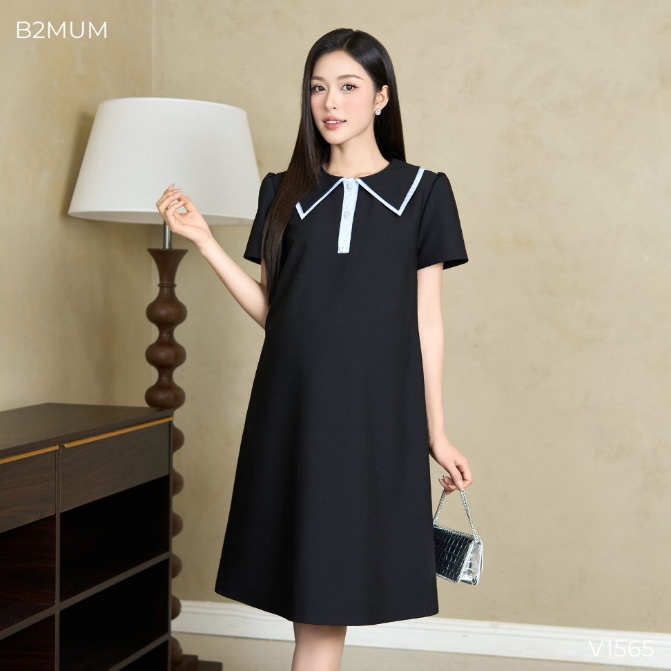 Đầm Bầu Suông Chữ A Phối Cổ Lá Sen Viền Sọc Thanh Lịch, Chất Vải Mềm Mát, Mặc Đi Làm Dạo Phố V1565 Solin Dress By B2MUM