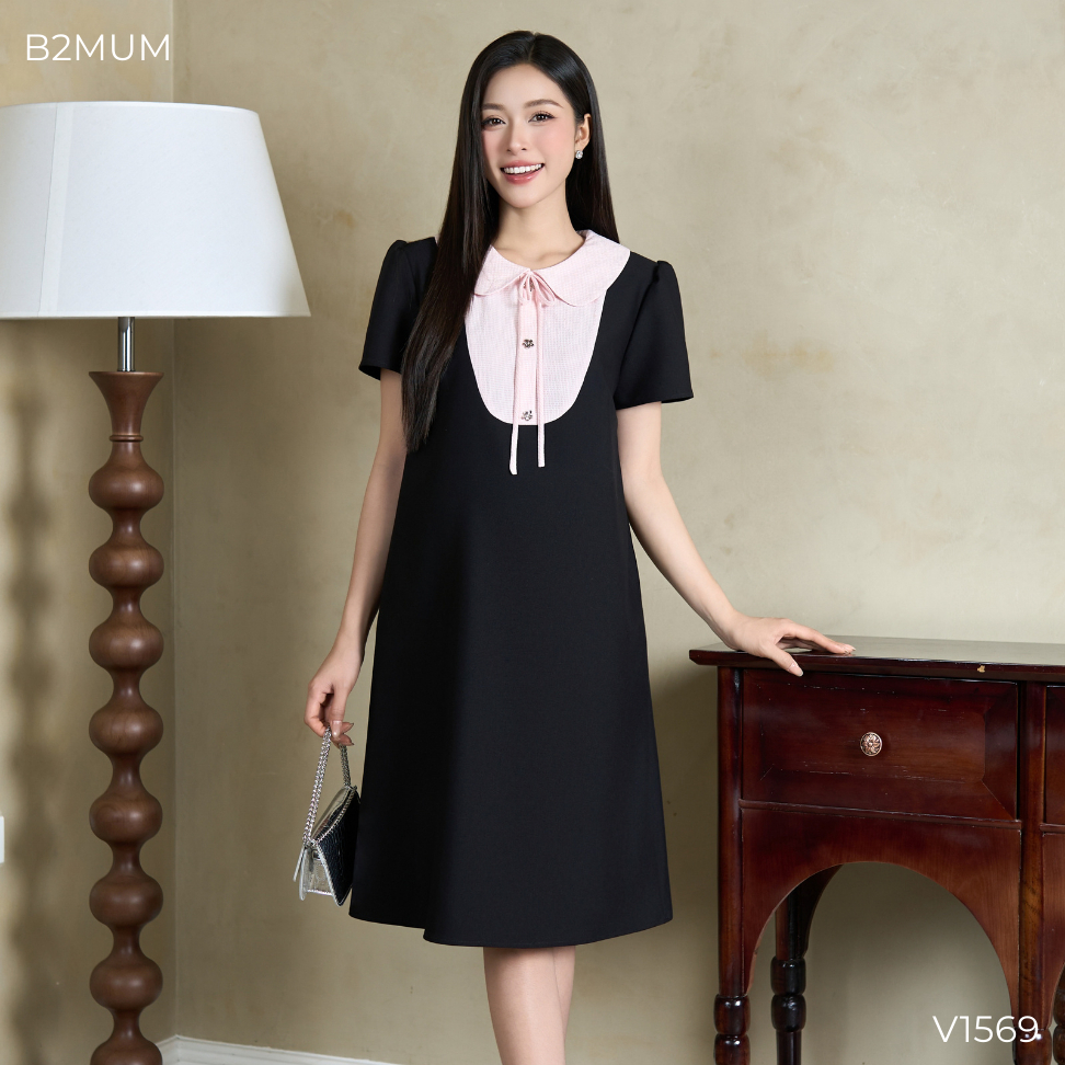 Đầm Bầu Dáng A Phối Cổ Lá Sen Buộc Nơ Thanh Lịch, Chất Mềm Mát, Phù Hợp Đi Làm & Dạo Phố V1569 B2MUM