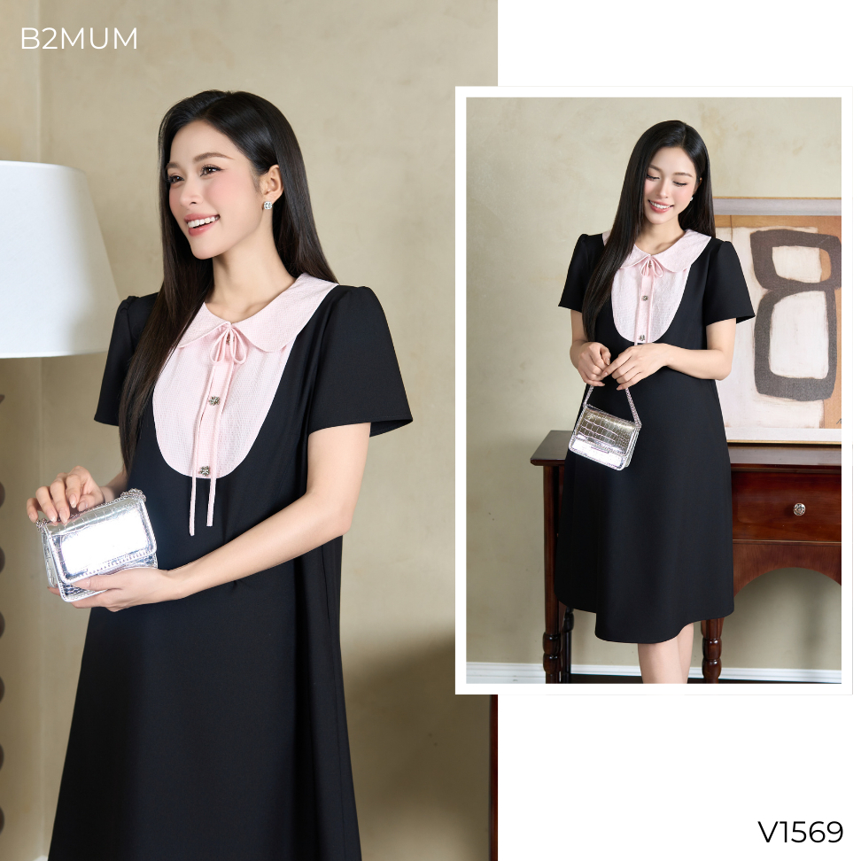 Đầm Bầu Dáng A Phối Cổ Lá Sen Buộc Nơ Thanh Lịch, Chất Mềm Mát, Phù Hợp Đi Làm & Dạo Phố V1569 B2MUM