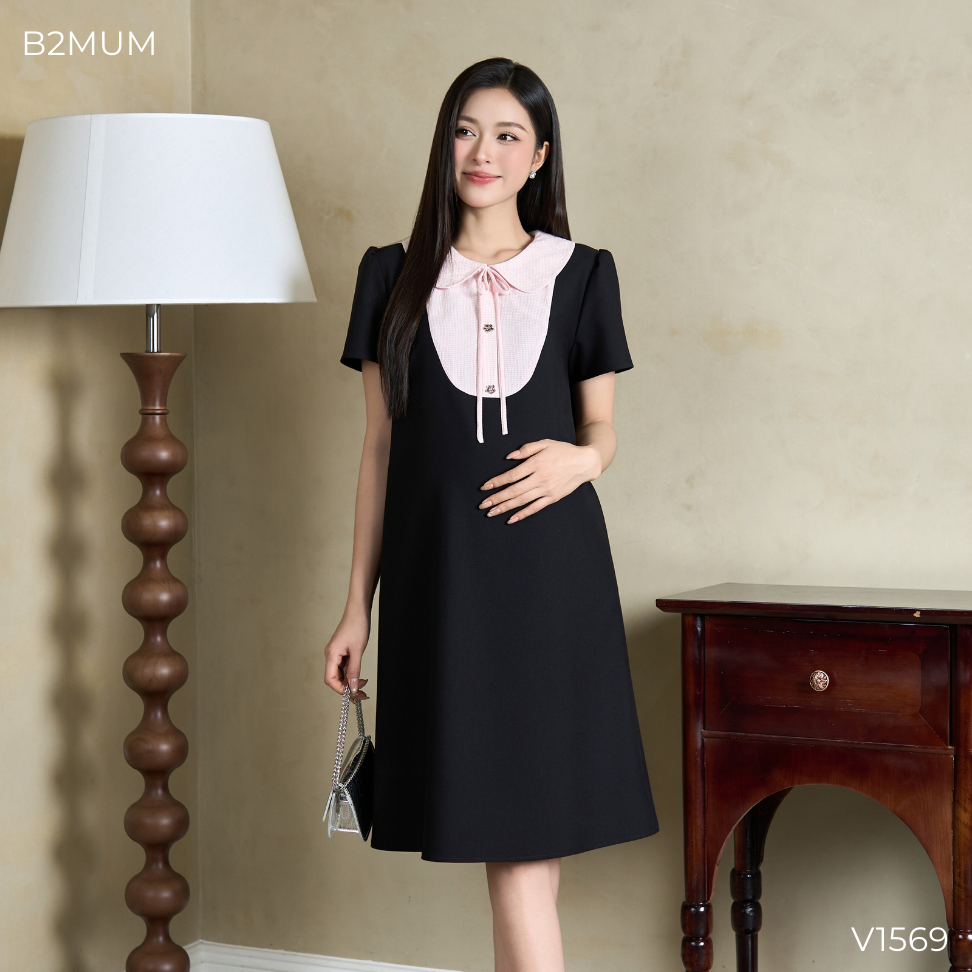 Đầm Bầu Dáng A Phối Cổ Lá Sen Buộc Nơ Thanh Lịch, Chất Mềm Mát, Phù Hợp Đi Làm & Dạo Phố V1569 B2MUM