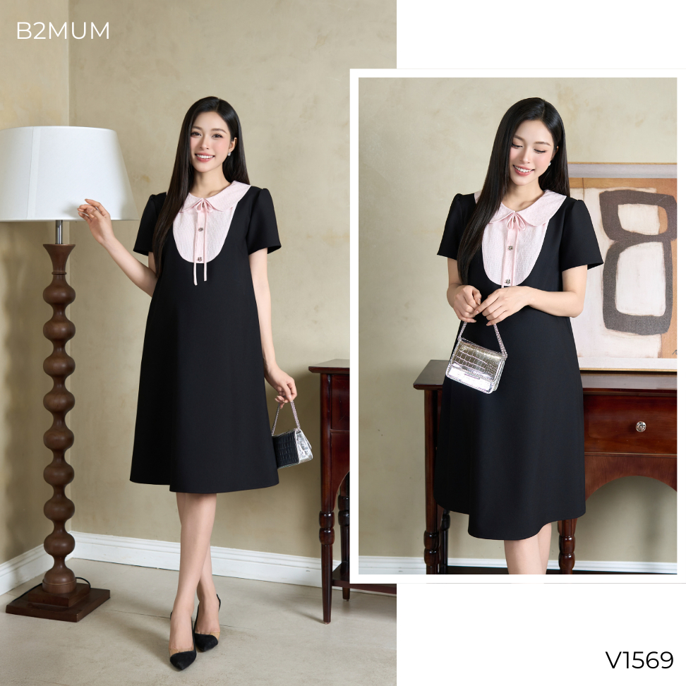 Đầm Bầu Dáng A Phối Cổ Lá Sen Buộc Nơ Thanh Lịch, Chất Mềm Mát, Phù Hợp Đi Làm & Dạo Phố V1569 B2MUM