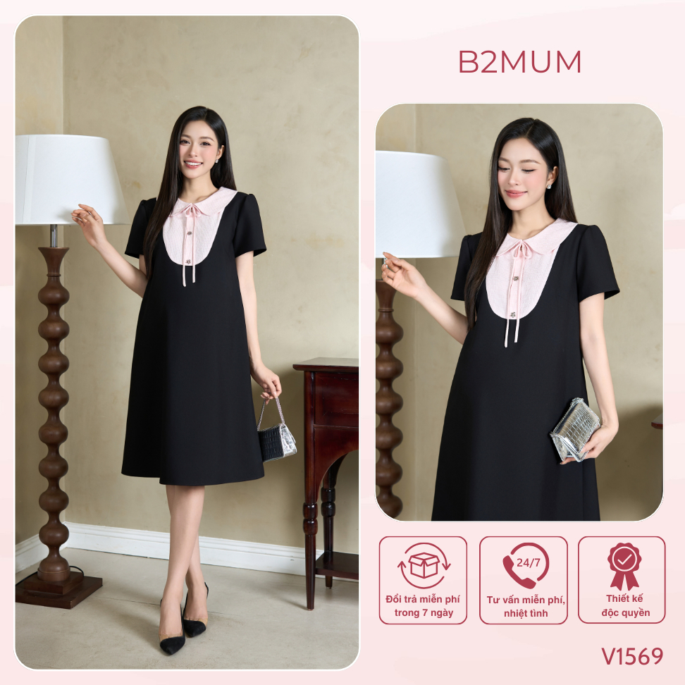 Đầm Bầu Dáng A Phối Cổ Lá Sen Buộc Nơ Thanh Lịch, Chất Mềm Mát, Phù Hợp Đi Làm & Dạo Phố V1569 B2MUM