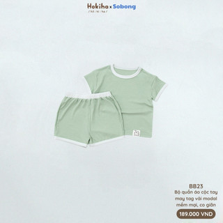 Bộ quần áo cộc tay may tag phối viền cho bé trai, bé gái Hokiha x Sobong vải modal mềm mại, co giãn size 8-17kg BB23