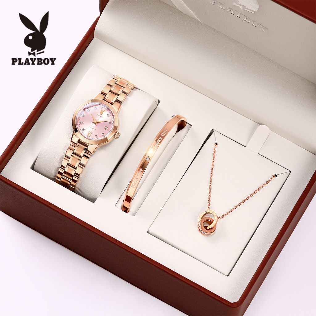 PLAYBOY Bộ Đồng Hồ nữ Thạch anh Dây đeo đồng hồ bằng thép không gỉ Đơn giản và thanh lịch Quà 3105