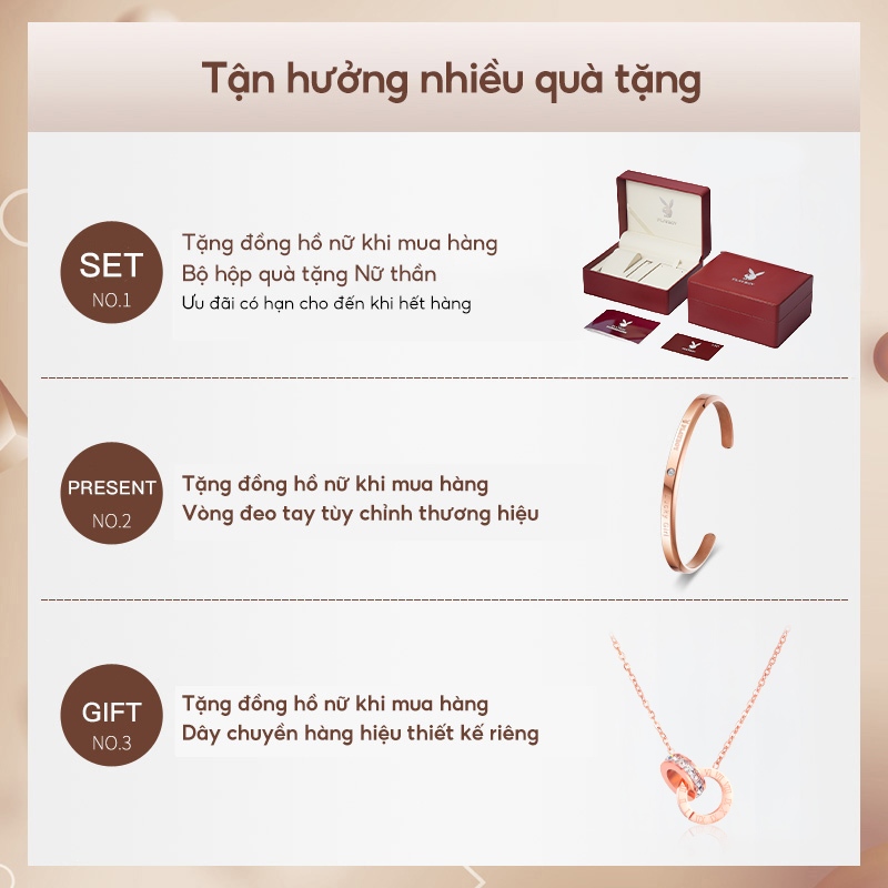 PLAYBOY Bộ Đồng Hồ nữ Thạch anh Dây đeo đồng hồ bằng thép không gỉ Đơn giản và thanh lịch Quà 3105
