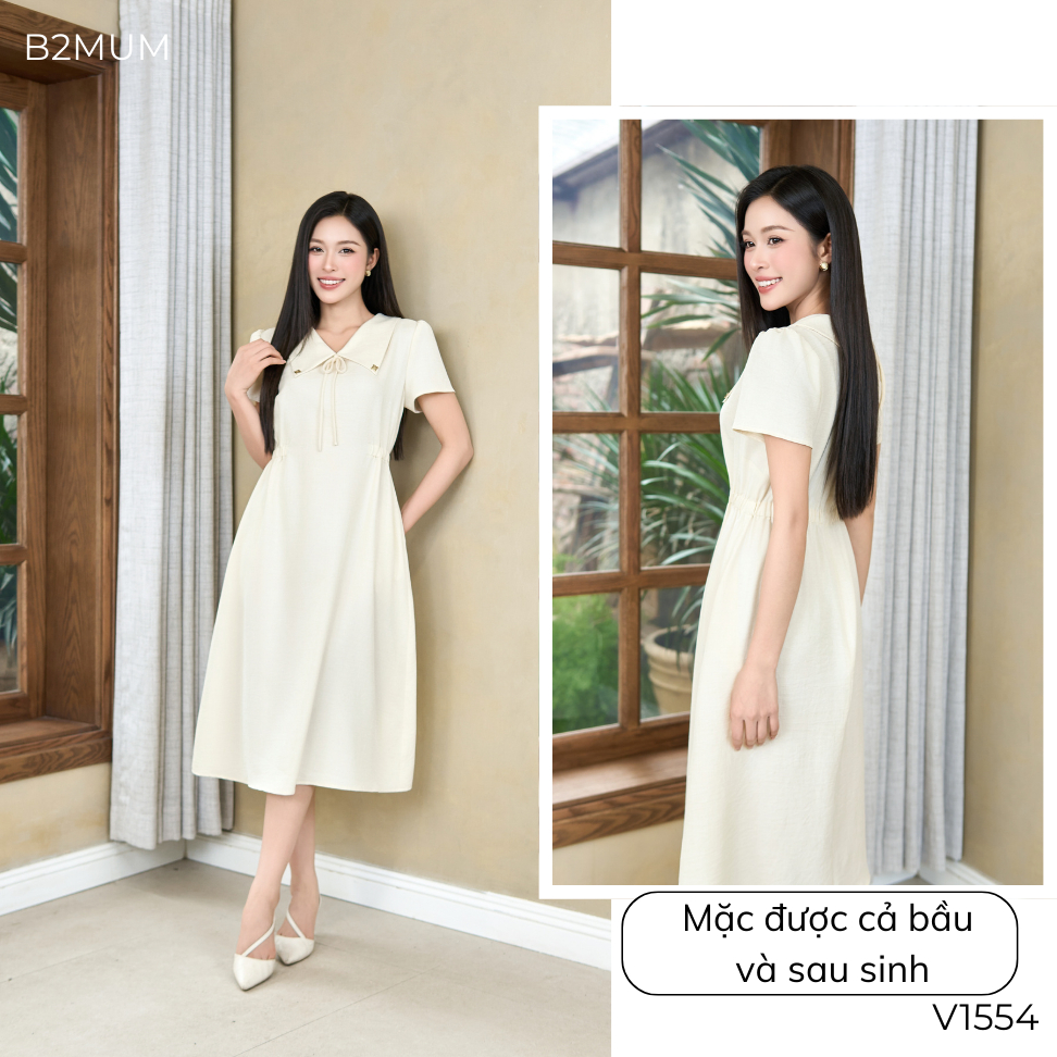 Đầm Bầu Dáng Chữ A Cổ Chữ V Phối Nơ Thanh Lịch,Che Bụng Thoải Mái, Vải Mềm Mát Đi Làm & Dạo Phố River Dress V1554 B2MUM