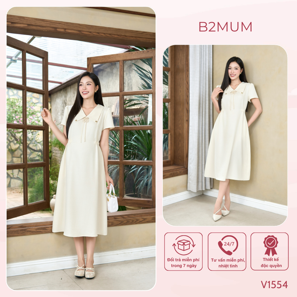 Đầm Bầu Dáng Chữ A Cổ Chữ V Phối Nơ Thanh Lịch,Che Bụng Thoải Mái, Vải Mềm Mát Đi Làm & Dạo Phố River Dress V1554 B2MUM