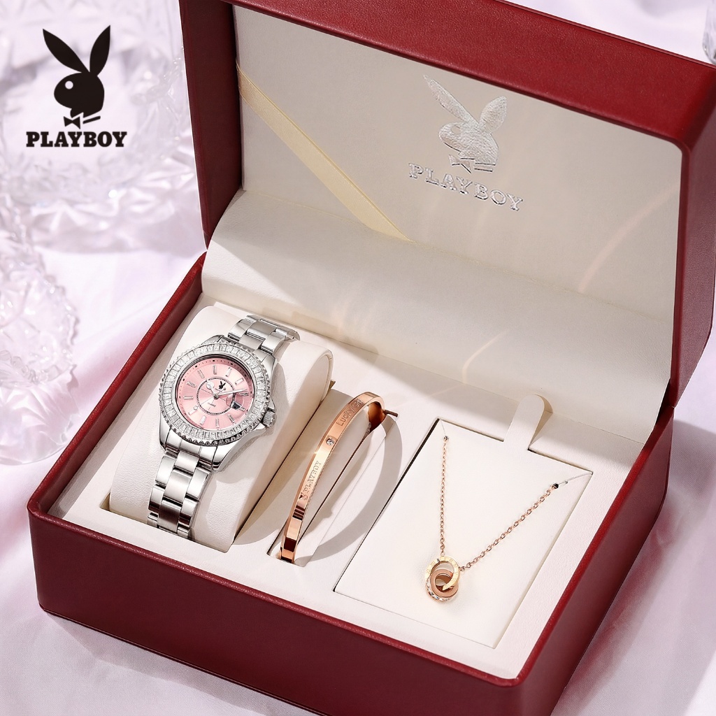 PLAYBOY Bộ Đồng hồ Thạch anh nữ Chính hãng Dây đeo bằng thép không gỉ Chống thấm nước Đơn giản 3528