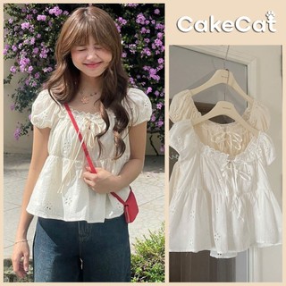 Áo Babydoll Ren Hoa Thêu Dáng Ngắn Viền Cổ Thắt Nơ Chất Thô Boi Nàng Thơ Siêu Xinh Cakecat