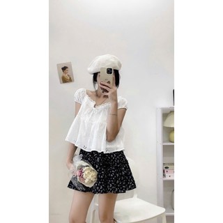 Áo Babydoll Ren Hoa Thêu Dáng Ngắn Viền Cổ Thắt Nơ Chất Thô Boi Nàng Thơ Siêu Xinh Cakecat